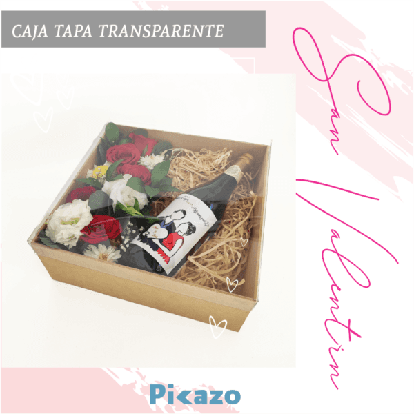 caja con botella y flores